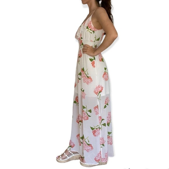 Want and Need White & Pink Spring exaggerated ruffle Floral Maxi Dress Sz M - Picture 2 of 7